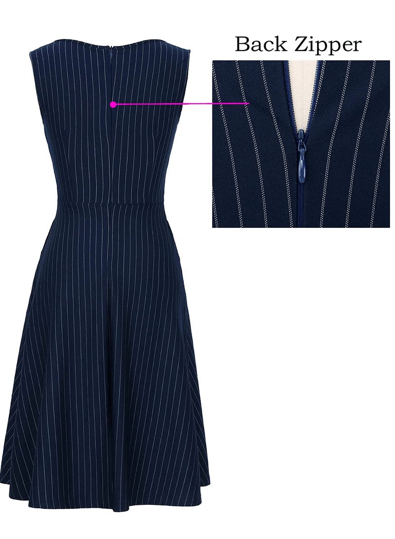 VFSHOW Womens Elegant Blue and White Pinstriped Pockets Slim Zipper up Work Business Office Party Skater A-Line Dress 2350 BLU XXL - Image 5